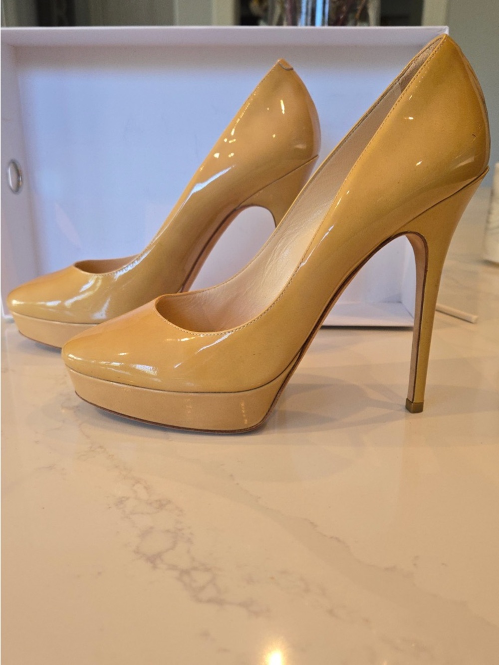 Jimmy Choo Beige Patent Platform Stiletto Pumps